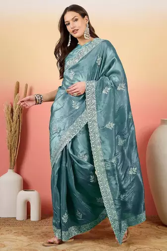 Teal women embroidered  saree