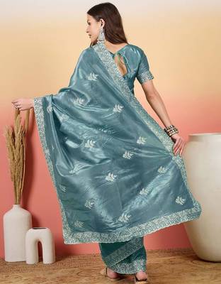 Teal women embroidered  saree 4