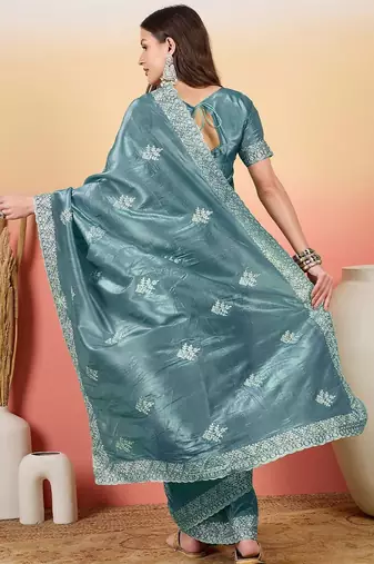 Teal women embroidered  saree