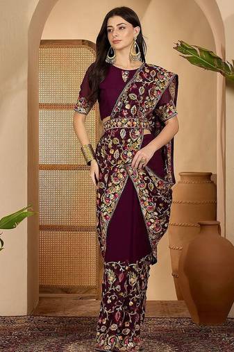 Magenta kashmiri thread work embroidered saree with belt & unstitched blouse