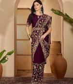 Magenta kashmiri thread work embroidered saree with belt & unstitched blouse