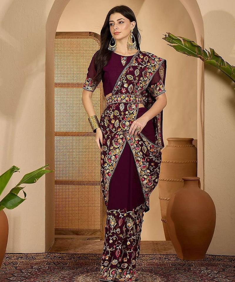 Magenta kashmiri thread work embroidered saree with belt & unstitched blouse