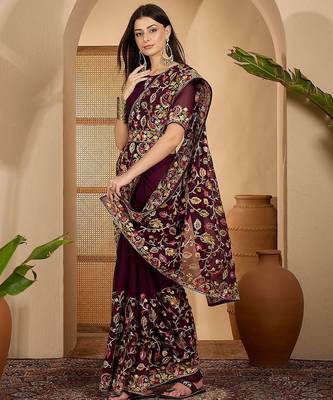 Magenta kashmiri thread work embroidered saree with belt & unstitched blouse 2