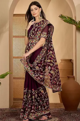 Magenta kashmiri thread work embroidered saree with belt & unstitched blouse