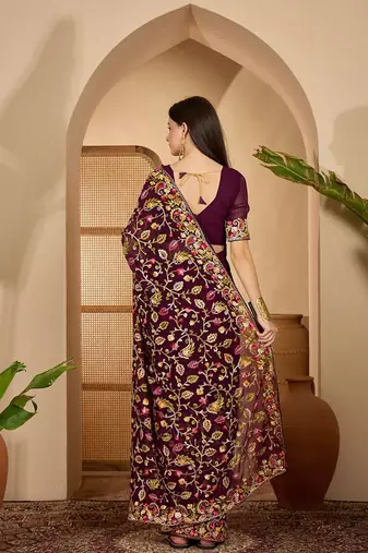 Magenta kashmiri thread work embroidered saree with belt & unstitched blouse