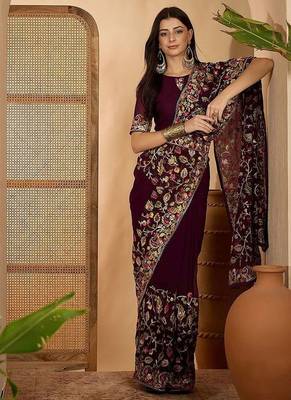 Magenta kashmiri thread work embroidered saree with belt & unstitched blouse 4