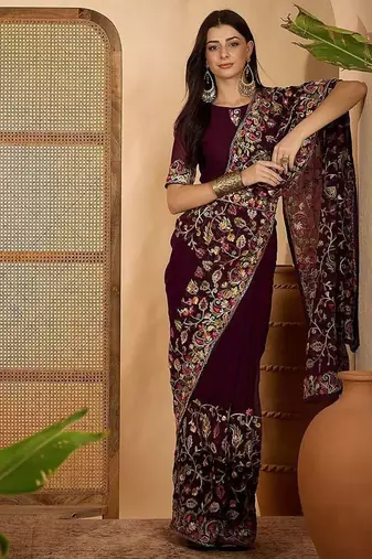 Magenta kashmiri thread work embroidered saree with belt & unstitched blouse