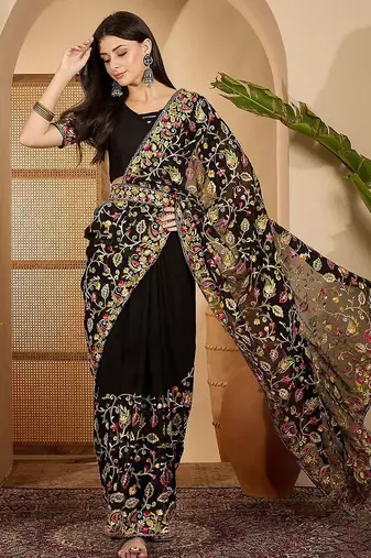 Black floral embroidered kashmiri thread work  georgette saree