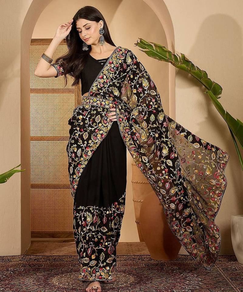 Black floral embroidered kashmiri thread work  georgette saree