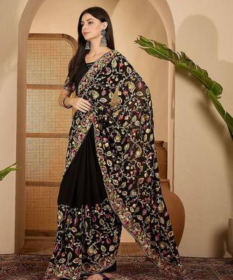 Black floral embroidered kashmiri thread work  georgette saree 2