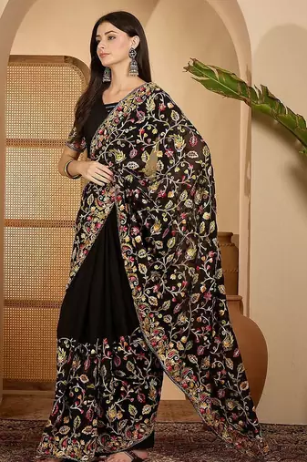 Black floral embroidered kashmiri thread work  georgette saree