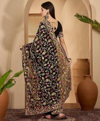 Black floral embroidered kashmiri thread work  georgette saree 3