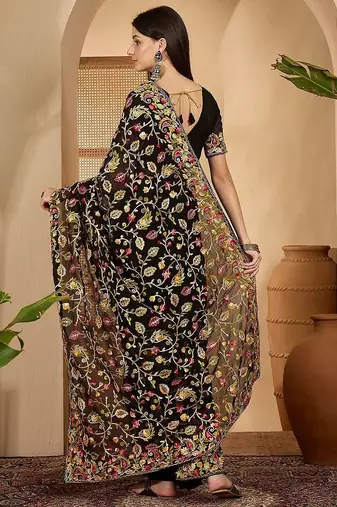 Black floral embroidered kashmiri thread work  georgette saree