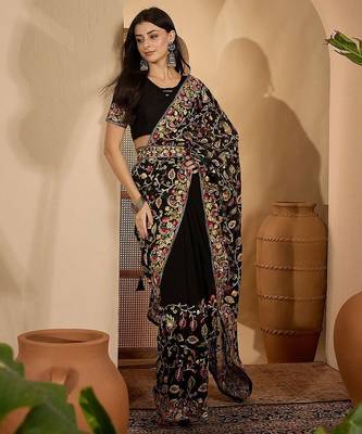 Black floral embroidered kashmiri thread work  georgette saree 4