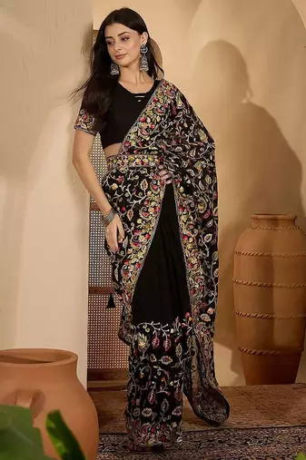 Black floral embroidered kashmiri thread work  georgette saree