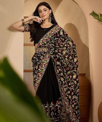 Black floral embroidered kashmiri thread work  georgette saree 5