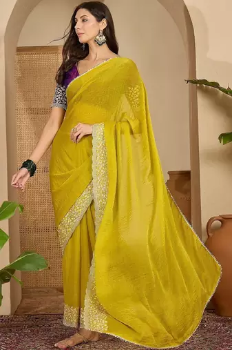Yellow embellished embroidered poly chiffon heavy work saree