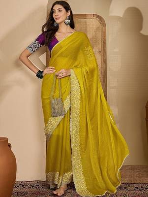 Yellow embellished embroidered poly chiffon heavy work saree 4