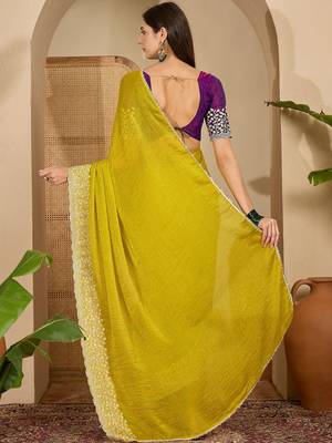 Yellow embellished embroidered poly chiffon heavy work saree 5