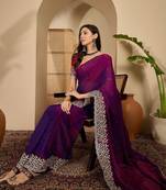 Purple embellished embroidered poly chiffon heavy work saree