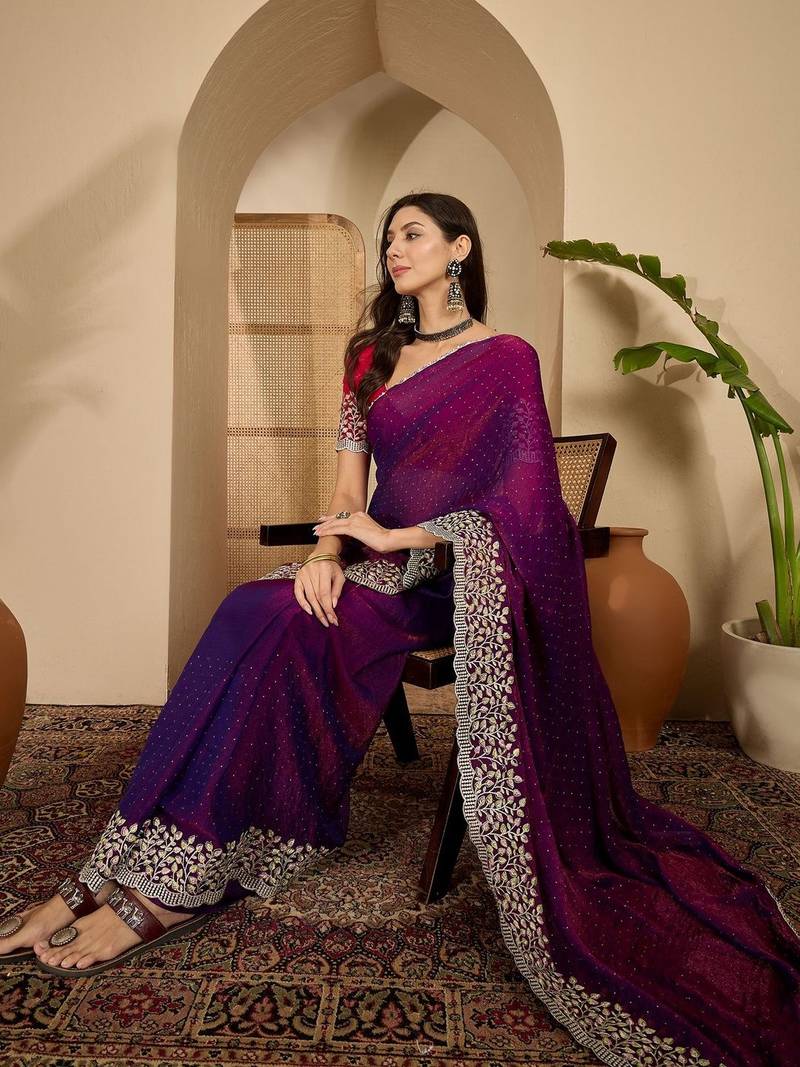 Purple embellished embroidered poly chiffon heavy work saree