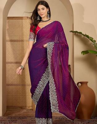Purple embellished embroidered poly chiffon heavy work saree 2