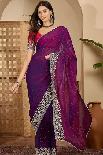 Purple embellished embroidered poly chiffon heavy work saree