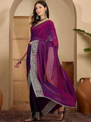 Purple embellished embroidered poly chiffon heavy work saree 3