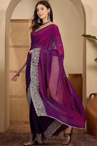 Purple embellished embroidered poly chiffon heavy work saree