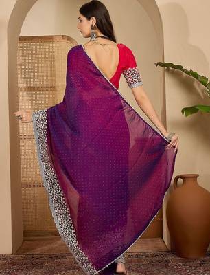 Purple embellished embroidered poly chiffon heavy work saree 4