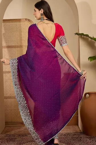 Purple embellished embroidered poly chiffon heavy work saree