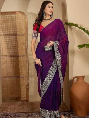 Purple embellished embroidered poly chiffon heavy work saree 5