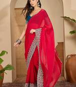 Red floral embroidered saree with blouse piece