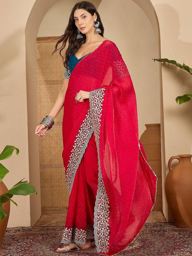 Red floral embroidered saree with blouse piece