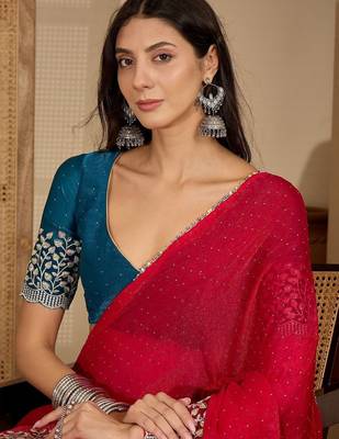 Red floral embroidered saree with blouse piece 2