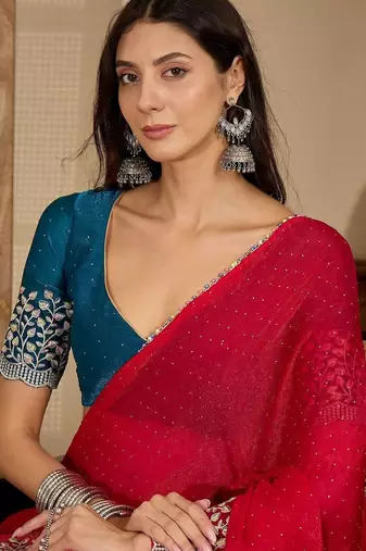 Red floral embroidered saree with blouse piece