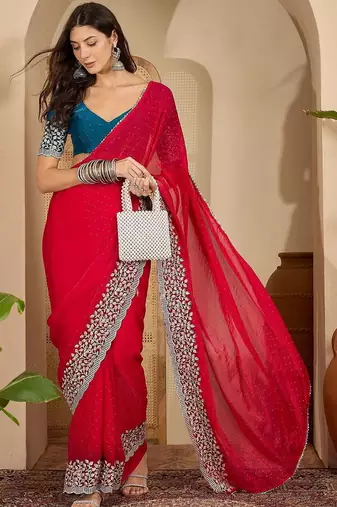 Red floral embroidered saree with blouse piece