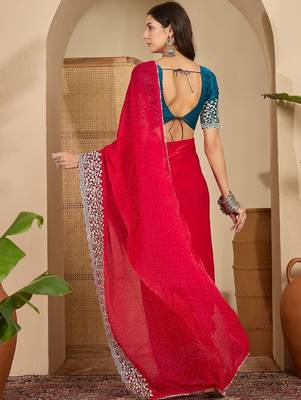 Red floral embroidered saree with blouse piece 4