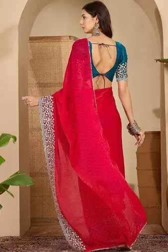 Red floral embroidered saree with blouse piece