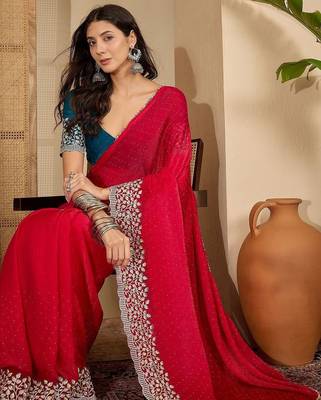 Red floral embroidered saree with blouse piece 5
