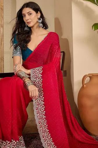 Red floral embroidered saree with blouse piece