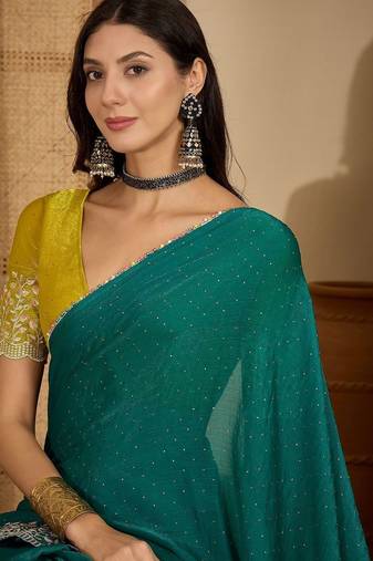 Green floral embroidered heavy work saree