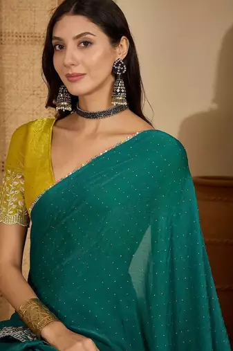 Green floral embroidered heavy work saree