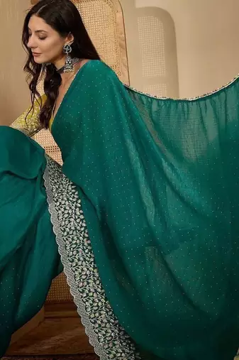 Green floral embroidered heavy work saree
