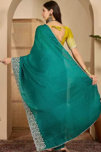Green floral embroidered heavy work saree