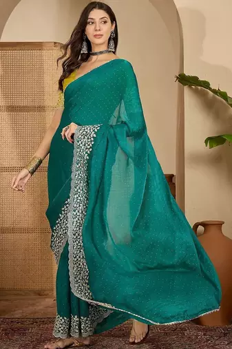 Green floral embroidered heavy work saree