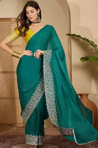 Green floral embroidered heavy work saree