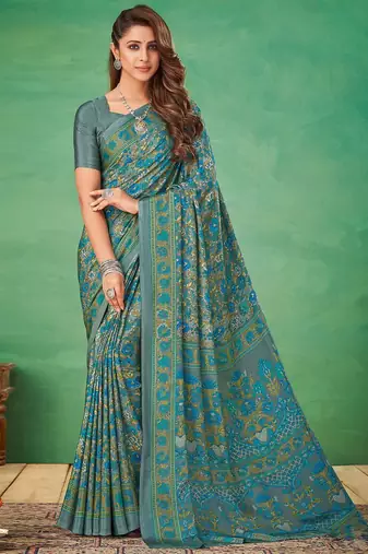 Grey printed saree with blouse grey piece