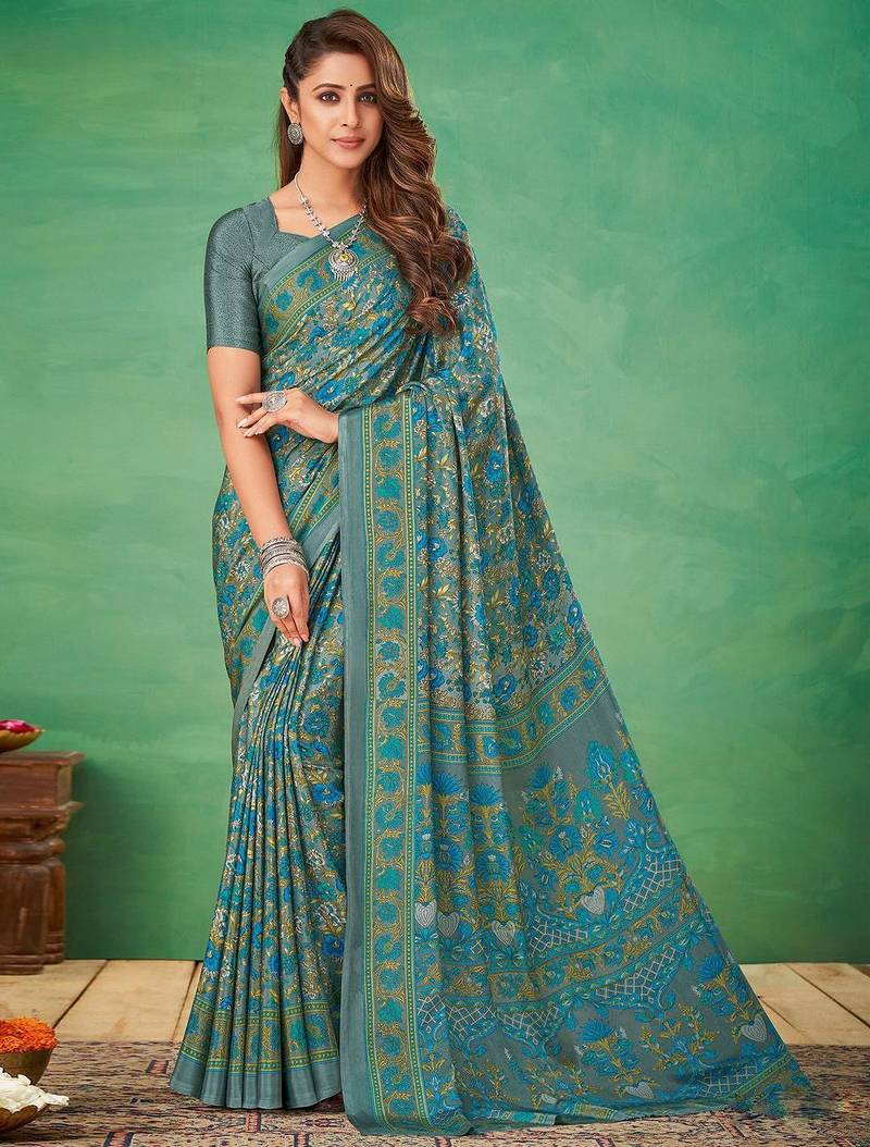 Grey printed saree with blouse grey piece