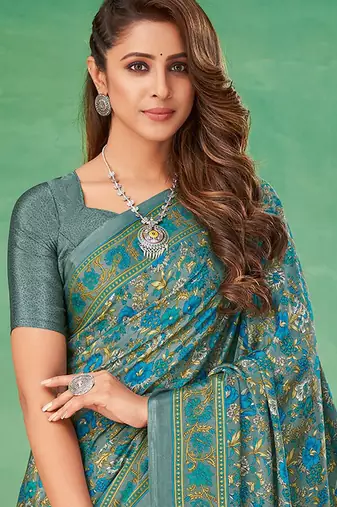 Grey printed saree with blouse grey piece